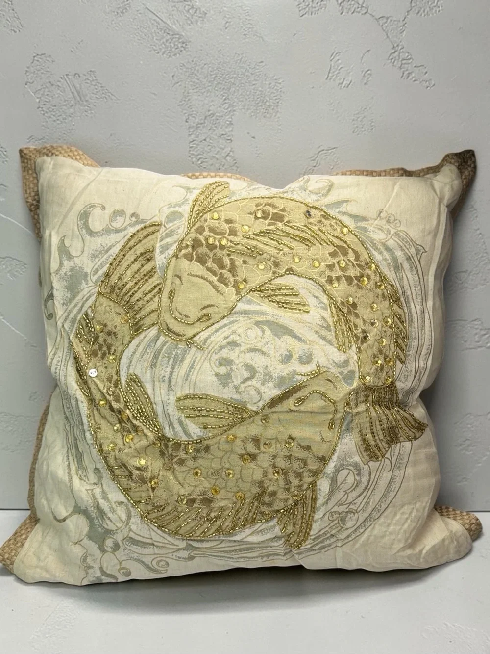 Pier 1 Imports Beaded Koi Fish Decorative Throw Pillow 18x18 Cream Gold Multi